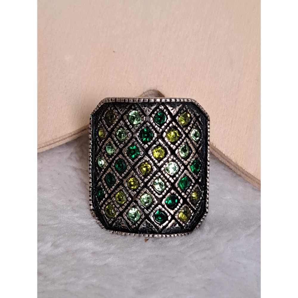 Vintage Style Green Rhinestone Lattice Cocktail Ring Silver Tone Statement Ring